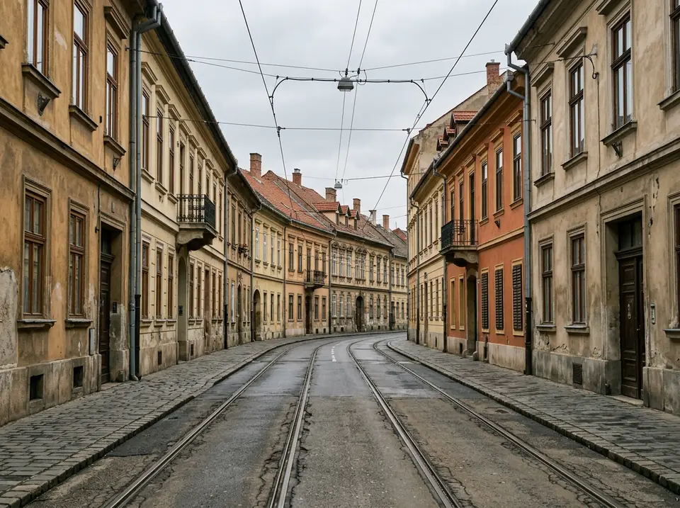 Szűk belvárosi utca emeletes, vakolt házakkal, az aszfaltba épített villamossínnel.