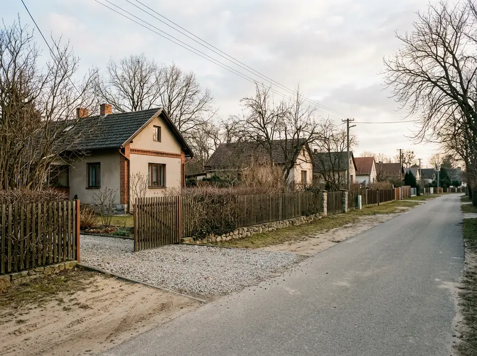 Kertvárosias utca földszintes családi házakkal, homokos útpadkával és murvás kapubejáróval.